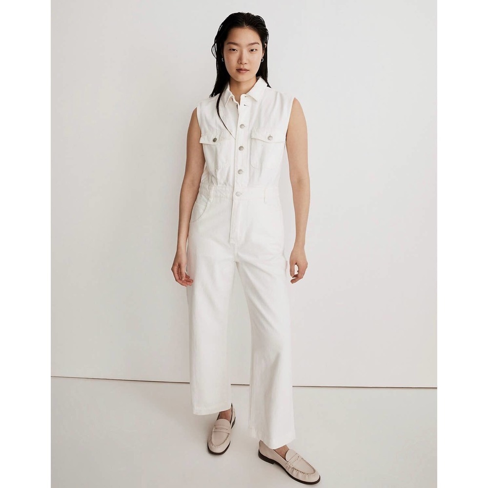 Madewell Denim Sleeveless Carpenter Jumpsuit in Tile While size XS NWT